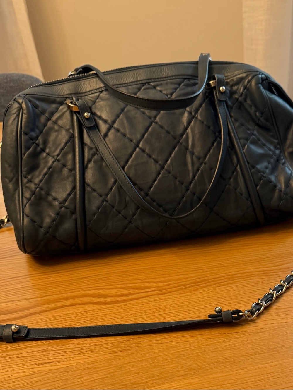 CHANEL Blue Diamond Quilted Leather Bowling Satchel with Chain Strap - Picture 2 of 16